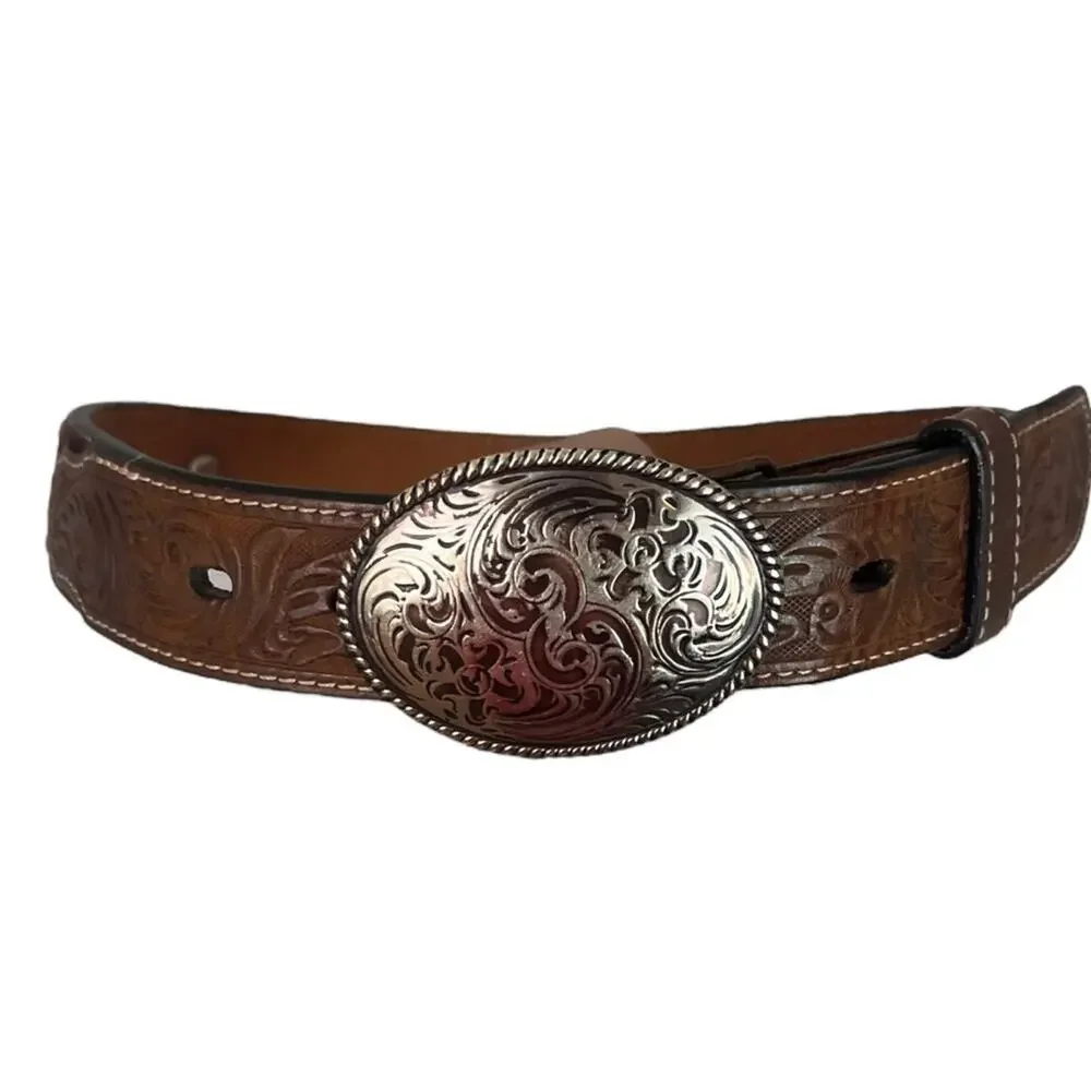 3D Kids Tooled Leather Western Belt 20” Brown Conchos Engraved Buckle Cowboy